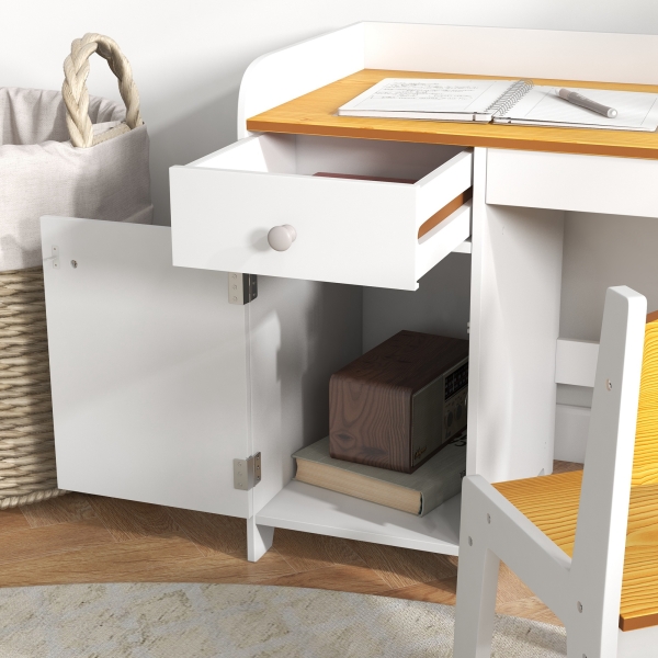 ZONEKIZ Conjunto de Secretária e Cadeira para Crianças Conjunto Infantil de 2 Peças com Gaveta e Armário para Quarto Branco e Natural - Image 9