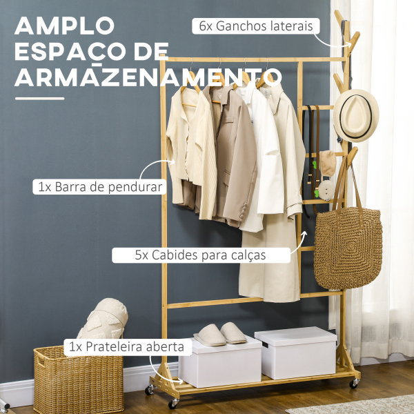HOMCOM Suporte para Cabides de Bambu com Rodas Porta Cabides Multifuncional com 6 Ganchos Barra e Prateleira 100x37x191 cm Madeira - Image 4