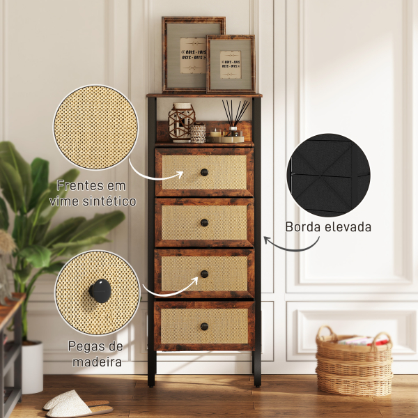 HOMCOM Cómoda de Tecido Cómoda para Dormitório com 4 Gavetas com Frente em Vime Prateleira 50x30x126 cm Marrom Rústico - Image 7