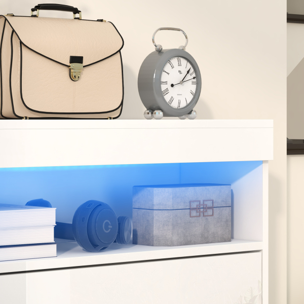 HOMCOM Móvel Sapateira de Entrada com Luzes LED Prateleira Aberta e 2 Gavetas Basculantes para 12-16 Pares 80x24x99,5 cm Branco Brilhante - Image 9