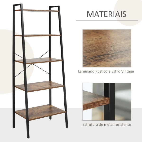 HOMCOM Estante de Estilo Industrial em Forma de Escada com 5 Prateleiras com Estrutura de Metal para Sala de Estar Dormitório Cozinha Escritório 56x34x160cm Marrom Rústico - Image 6