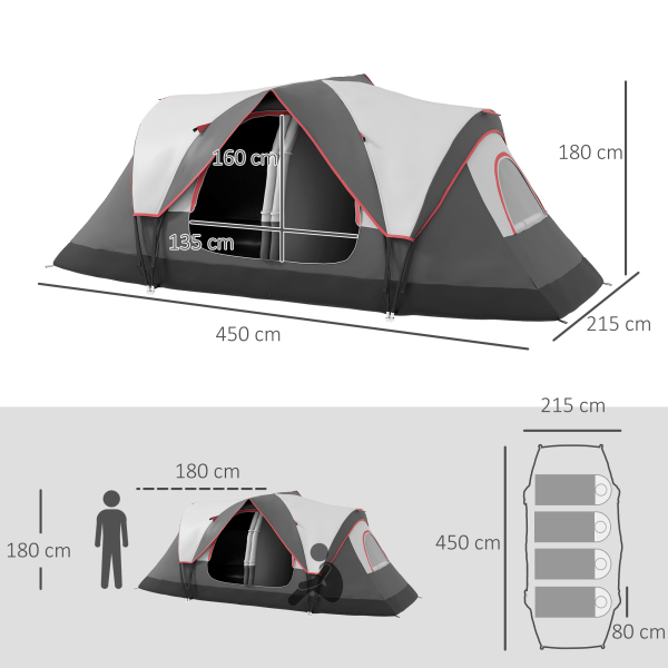 Outsunny Tenda de Campismo Familiar para 6-8 Pessoas Dobrável com 2 Quartos e Bolsa de Transporte Impermeável 450x215x180 cm Cinza - Image 3