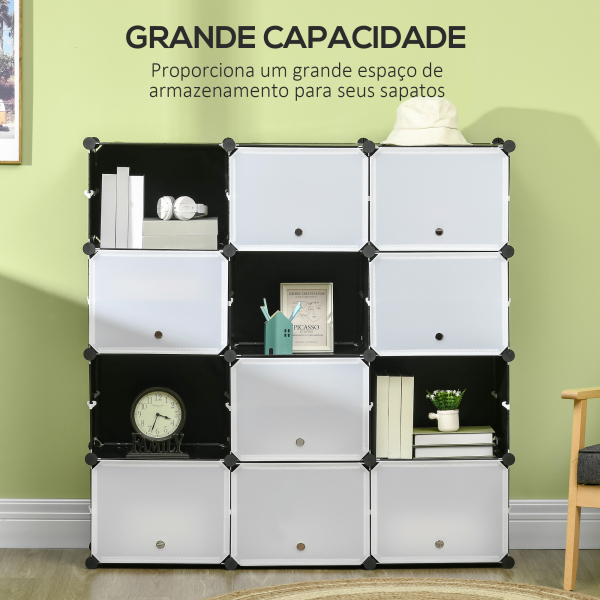 HOMCOM Armário Modular de Plástico Armário com 12 Cubos Organizadores de Sapatos Roupas Brinquedos 125x32x125cm Branco e Preto - Image 5