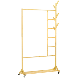 HOMCOM Suporte para Cabides de Bambu com Rodas Porta Cabides Multifuncional com 6 Ganchos Barra e Prateleira 100x37x191 cm Madeira