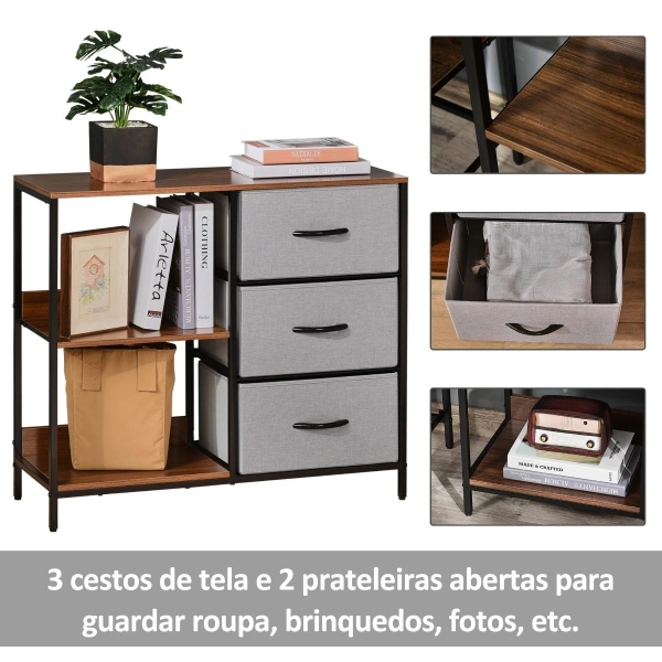 HOMCOM Cómoda de Estilo Industrial com Cestos de Tela Dobráveis e 2 Prateleiras para Dormitório Sala de Estar Corredor 80x29x71cm Nogueira e Cinza Claro - Image 5