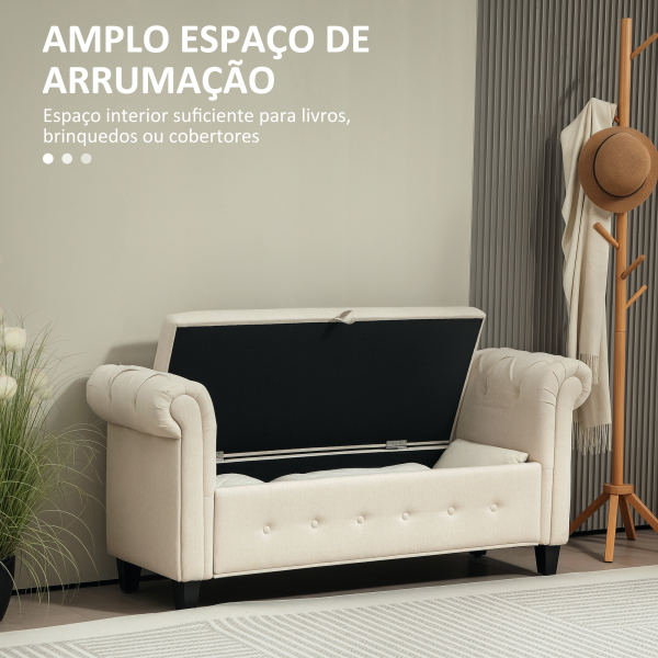 HOMCOM Banco de Pé de Cama de Linho com Dobradiças na Tampa Pés de Madeira e Apoio para os Braços 146,5x49x74,5 cm Bege - Image 4