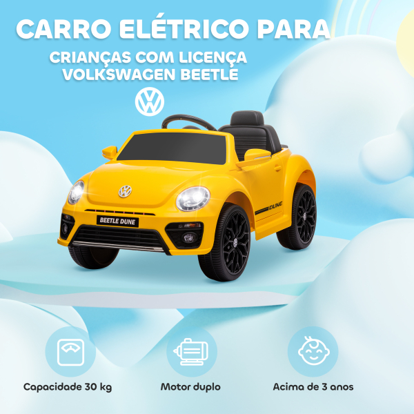 AIYAPLAY Carro Elétrico para Crianças Carro Elétrico Infantil Volkswagen Beetle com Bateria 12V Faróis Buzina e Música 97x56,5x46 cm Amarelo - Image 4
