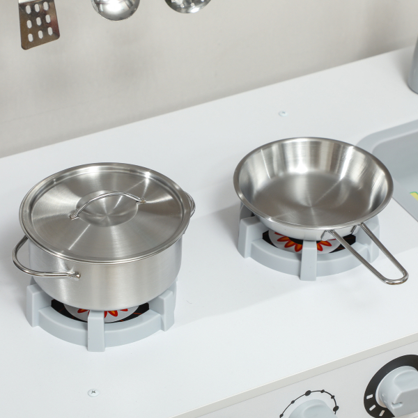 AIYAPLAY Cozinha de Madeira para Crianças com Fogão Lavatório Micro-Ondas Relógio Máquina de Gelo e Acessórios 100,5x41x110 cm Brancp - Image 9