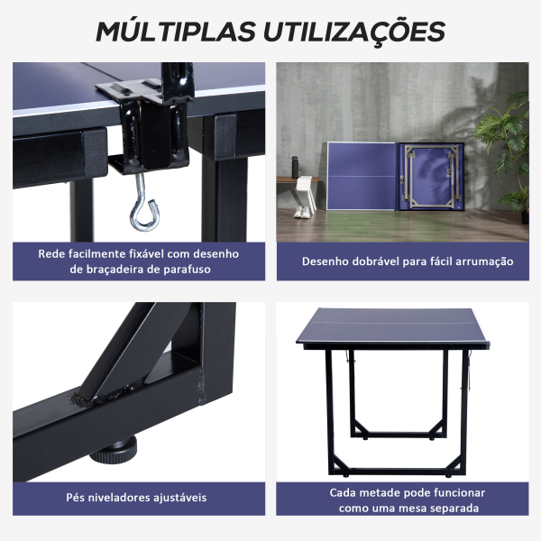 HOMCOM Mesa de Ping Pong Dobrável Mesa de Ping Pong Profissional com Rede e Estrutura de Aço para Interior e Exterior 182x91x76 cm Azul - Image 6