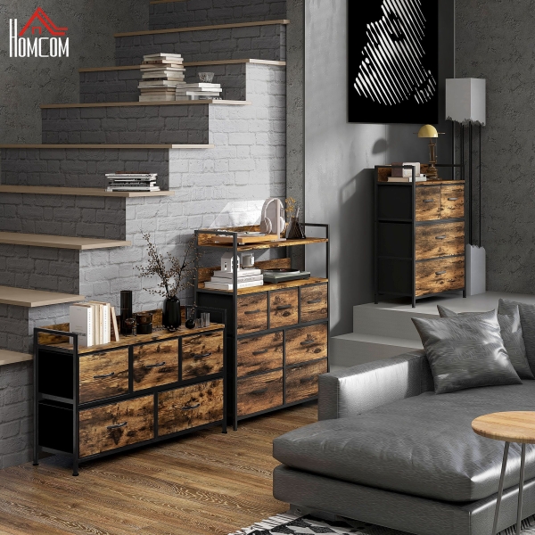 HOMCOM Cómoda com 5 Gavetas de Tecido Cómoda de Estilo Industrial com Estrutura Metálica para Quarto 98x29x63 cm Castanho Rústico - Image 8