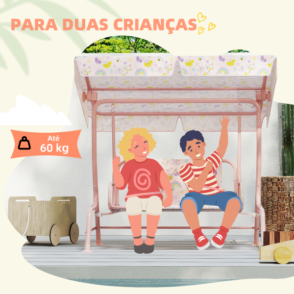 AIYAPLAY Baloiço de Jardim para Crianças com 2 Lugares Toldo Ajustável Cinto de Segurança e Desenho de Borboletas 112x75x120 cm Rosa - Image 7
