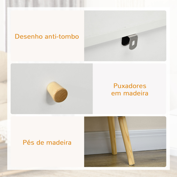 HOMCOM Cómoda com 3 Gavetas com Pés de Madeira de Pinho para Sala de Estar Escritório 80x30x80 cm Branco e Madeira - Image 6