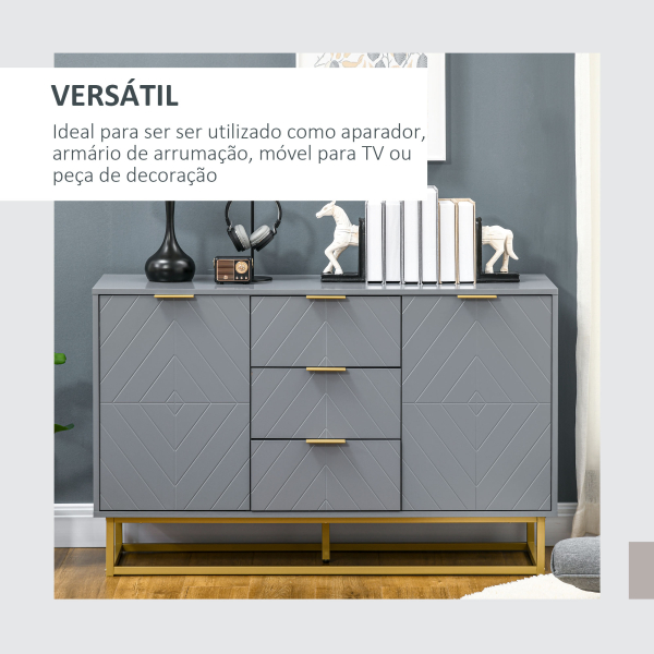 HOMCOM Aparador Auxiliar Armário de Armazenamento com 3 Gavetas e 2 Armários com Prateleira Ajustável 120x40x76 cm Cinza - Image 4