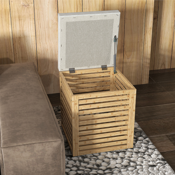 HOMCOM Banco com Armazenamento 57,7L Banco com Arrumação Estofado em Linho Sintético com Estrutura em Bambu 40x40x47 cm Cinza e Madeira - Image 2