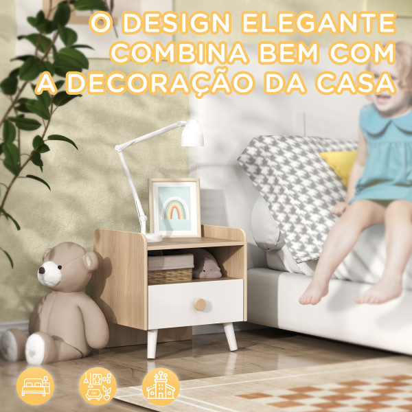 AIYAPLAY Mesa de Cabeceira Infantil de Madeira Mesa de Cabeceira para Crianças com Gaveta Bordas Redondas 40x32,5x40 cm Branco e Madeira - Image 5
