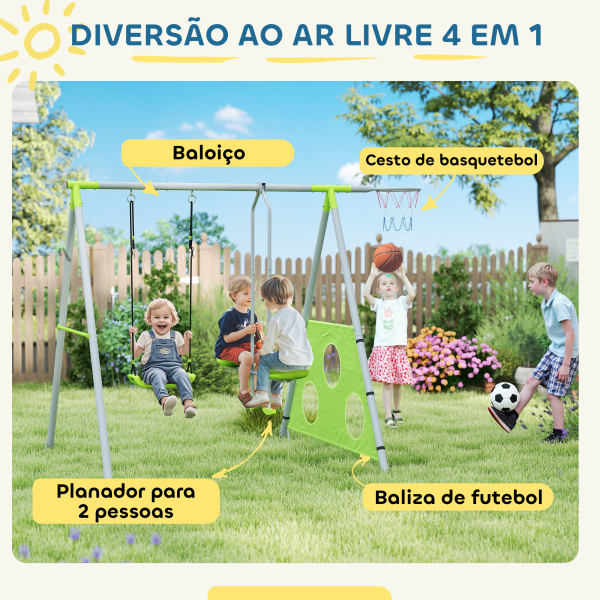 AIYAPLAY Baloiços para Crianças 4 em 1 Baloiços Jardim Exterior com Baloiço Planador Baliza de Futbol e Aro de Basquetebol Verde - Image 4