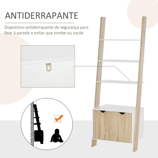 HOMCOM Estante em Forma de Escada de Madeira com 3 Prateleiras e 1 Armário Estante de Estilo Nórdico Moderno 60x40x171cm Carvalho e Branco - Image 6