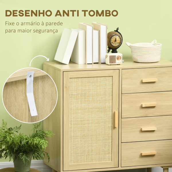 HOMCOM Aparador Sala de Estar Estilo Cannage com Porta de Vime 4 Gavetas e Pés de Madeira de Pinho 80x38x80,5 cm Madeira - Image 5