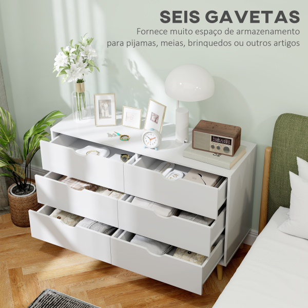 HOMCOM Cómoda com 6 Gavetas e Pés Elevados Cómoda para Dormitório Estilo Moderno Anti-Tombo 120x40x76 cm Branco - Image 5