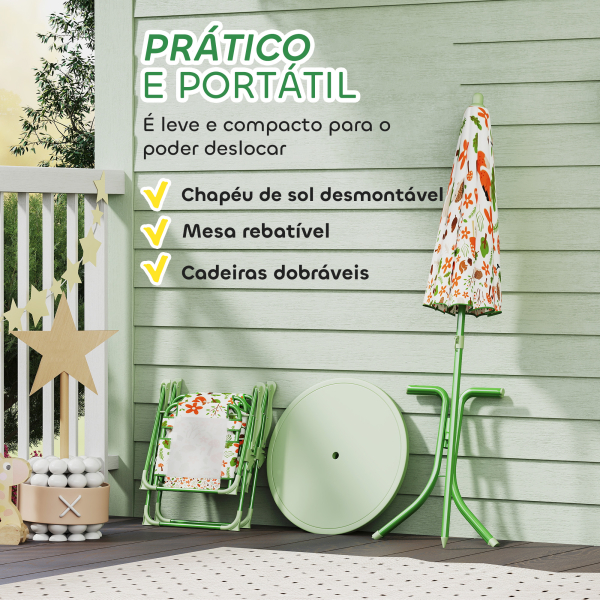 AIYAPLAY Conjunto de Mesa e Cadeiras para Crianças de Jardim com Cadeiras Dobráveis Chapéu de Sol Ajustável e Desenho de Raposas Verde - Image 6