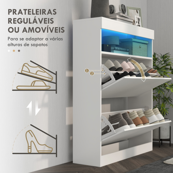 HOMCOM Móvel Sapateira de Entrada com Luzes LED Prateleira Aberta e 2 Gavetas Basculantes para 12-16 Pares 80x24x99,5 cm Branco Brilhante - Image 6