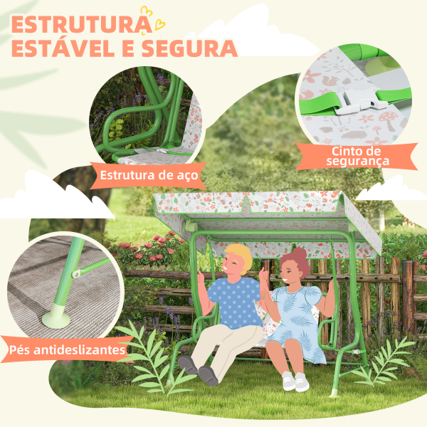 AIYAPLAY Baloiço de Jardim para Crianças com 2 Lugares Toldo Ajustável Cinto de Segurança e Desenho de Borboletas 112x75x120 cm Verde - Image 4