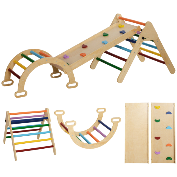 AIYAPLAY Triângulo de Escalada de Madeira 5 em 1 Escada para Crianças de 18-48 Meses com Rampa e Arco de Escalada 178x64,5x63 cm Multicor