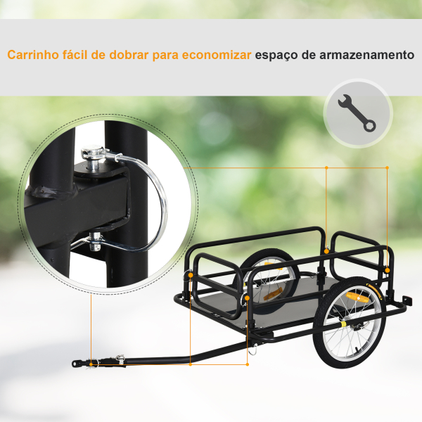 PawHut Reboque de bicicleta dobrável para carregamento de bagagem de 40kg com estrutura de aço leve e refletores 139x71,5x49 cm Preto - Image 4