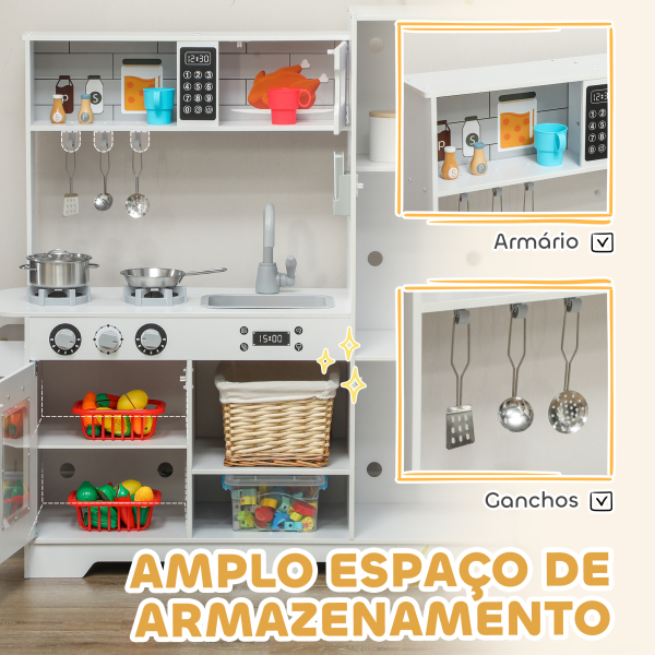 AIYAPLAY Cozinha de Madeira para Crianças com Fogão Lavatório Micro-Ondas Relógio Máquina de Gelo e Acessórios 100,5x41x110 cm Brancp - Image 7
