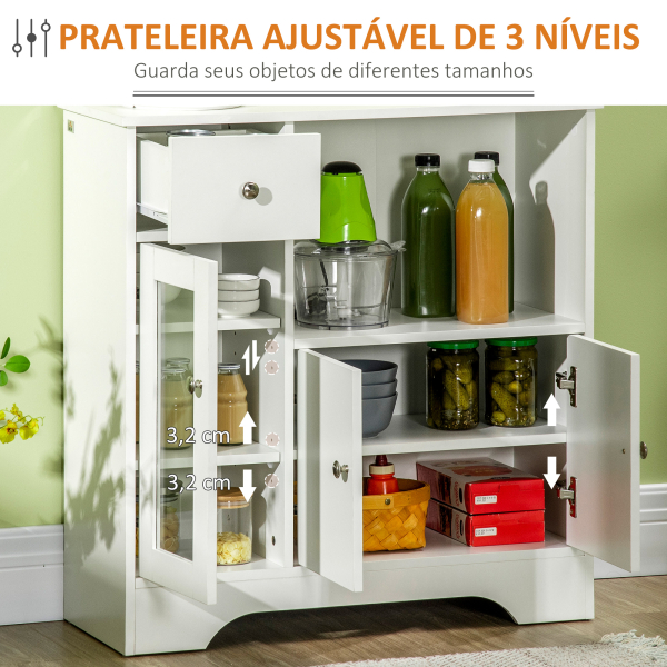 HOMCOM Aparador Moderno com Porta de Vidro Gaveta Prateleira Aberta e Prateleiras Ajustáveis Móvel Auxiliar 80x30x82cm Branco - Image 5