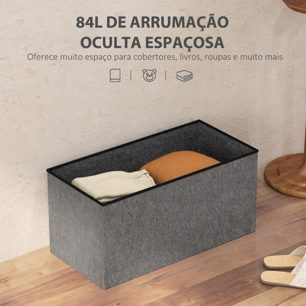 HOMCOM Baú de Armazenamento para Dormitório 84L Puff de Armazenamento Dobrável Estofado em Linho Sintético 76x38x38 cm Cinza Escuro - Image 4