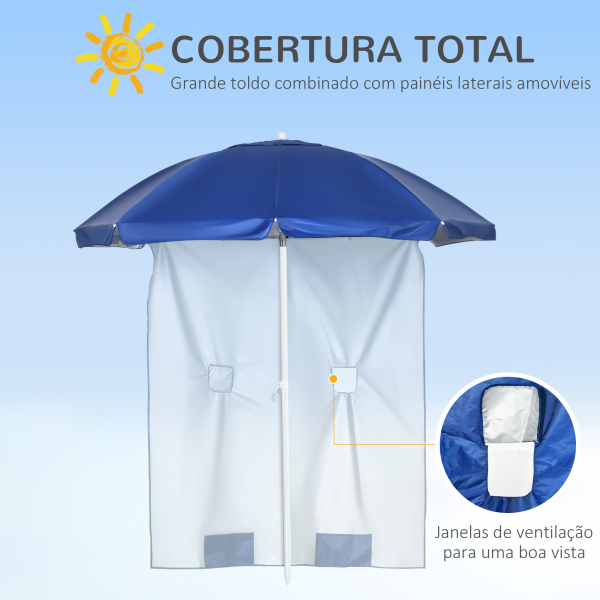 Outsunny Chapéu de Sol de Praia com Painel Lateral Manivela Manual Teto Inclinável 2 Bolsos e 2 Janelas Ø191x211 cm Azul - Image 7