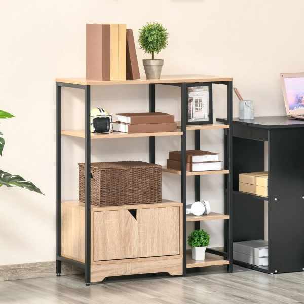 HOMCOM Estante para Livros com Múltiplas Prateleiras Abertas e 1 Armário com Porta Dupla Estante de Armazenamento para Escritório Sala de Estar 80x35x97cm Madeira Natural - Image 9
