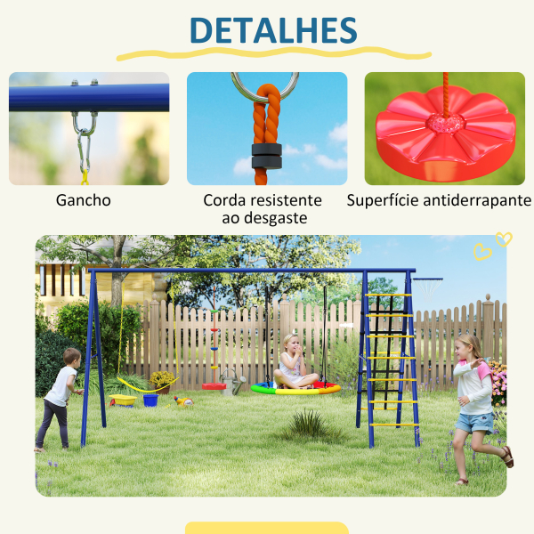 AIYAPLAY Baloiços para Crianças 6 em 1 com Baloiço Ninho Corda com Disco Rede para Escalar Escada e Aro de Basquetebol 350x183x200 cm Multicor - Image 8