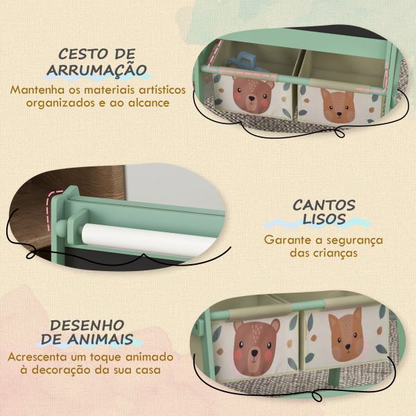 AIYAPLAY Cavalete para Crianças 3 em 1 Cavalete de Arte com Rolo de Papel Quadro e 2 Cestas de Armazenamento 54x46,5x93 cm Verde - Image 5