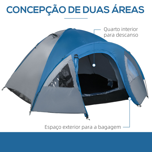 Outsunny Tenda de Campismo para 4 Pessoas Tenda de Campismo com Janelas 2 Bolsos e Bolsa de Transporte 300x250x130 cm Cinza e Azul - Image 5