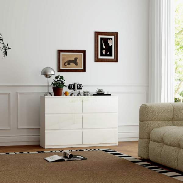 HOMCOM Cómoda com 6 Gavetas de Madeira Cómoda de Dormitório Cómoda Branca Estilo Moderno 112x34x75 cm Branco Brilhante - Image 8