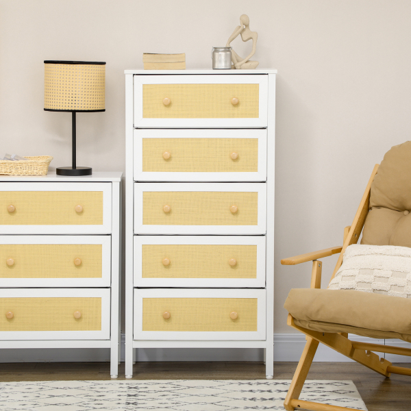 HOMCOM Cómoda Estilo Bohemio com 5 Gavetas de Tecido Dobráveis Superfície de Vime PE e Estrutura de Aço 62x30x126,5 cm Branco - Image 7
