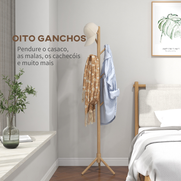 HOMCOM Cabide de Pé de Madeira com 8 Ganchos para Pendurar Roupa e Bolsas Forma de Árvore para Corredor Entrada 40x40x165 cm Natural - Image 4