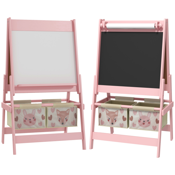 AIYAPLAY Cavalete para Crianças 3 em 1 Cavalete de Arte com Rolo de Papel Quadro e 2 Cestas de Armazenamento 54x46,5x93 cm Rosa