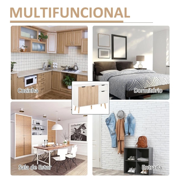 HOMCOM Aparador Móvel Auxiliar de Armazenamento com 2 Armários de Porta Gaveta Pés de Madeira para Sala de Estar Cozinha Dormitório 90x30x72cm Natural e Branco - Image 7