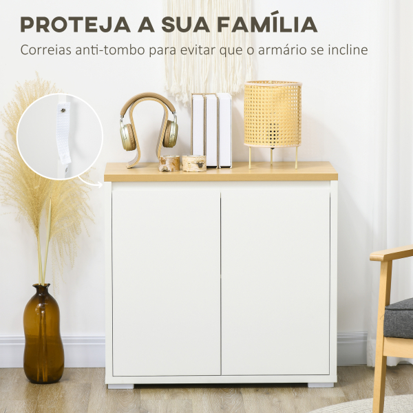 HOMCOM Aparador de Sala de Estar Armário de Armazenamento com 2 Portas e Prateleira Ajustável 80x37x75 cm Branco e Madeira - Image 7