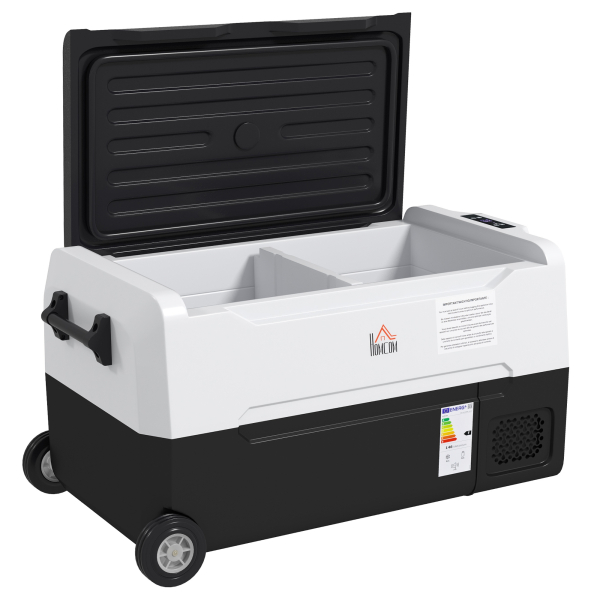 HOMCOM Geleira Elétrica de Compressor Portátil 30,5L para Carro -20℃ a 20℃ com 2 Rodas Alças e Congelador 56,8x33x26,2 cm Preto