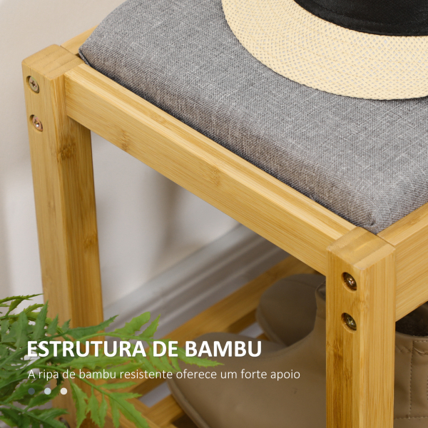 HOMCOM Banco Sapateira de Bambu com Assento Estofado para 3 Pares de Sapatos e Prateleira de 90x30x46 cm Madeira - Image 5