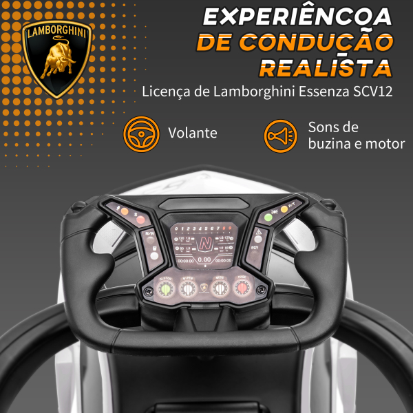 AIYAPLAY 2 em 1 Carro Andador para Crianças 12-36 Meses Lamborghini Essenza SCV2 Carro Andador com Buzina Guiador e Grade de Segurança Removível 86,5x40x89,5cm Branco e Preto - Image 6