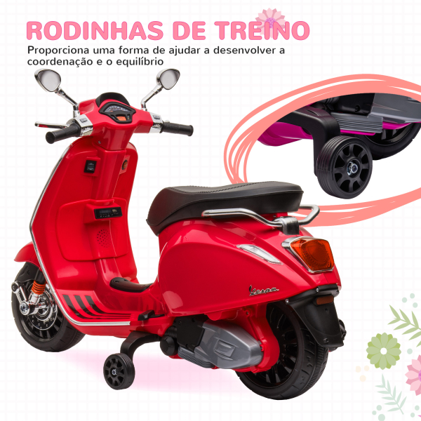 AIYAPLAY Moto Elétrica para Crianças de 3-6 Anos com Licença Vespa com USB MP3 Luz LED Rádio FM Velocidade 3 km/h Vermelho - Image 6
