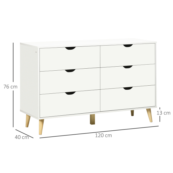 HOMCOM Cómoda com 6 Gavetas e Pés Elevados Cómoda para Dormitório Estilo Moderno Anti-Tombo 120x40x76 cm Branco - Image 3