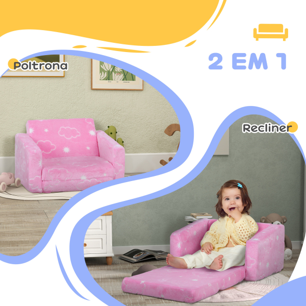 AIYAPLAY Poltrona para Crianças Dobrável e Reclinável Sofá para Crianças Estofado em Tecido Luminoso com Desenho de Nuvens Rosa - Image 5
