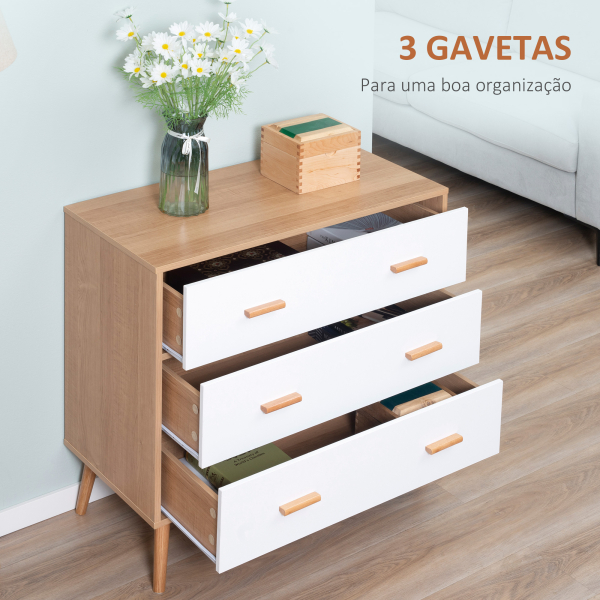 HOMCOM Cómoda de Madeira com 3 Gavetas Armário Auxiliar de Armazenamento Moderna com Pés Elevados para Dormitório Sala de Estar 80x39x80cm Branco e Madeira Natural - Image 5