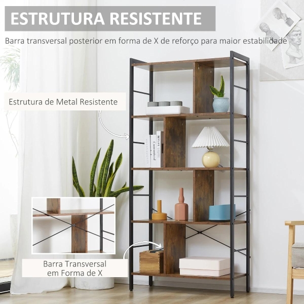 HOMCOM Estante para Livros de 4 Níveis com 8 Compartimentos de Armazenamento Estilo Industrial para Sala de Estar Escritório Dormitório 74x30x157,5cm Marrom Rústico - Image 5